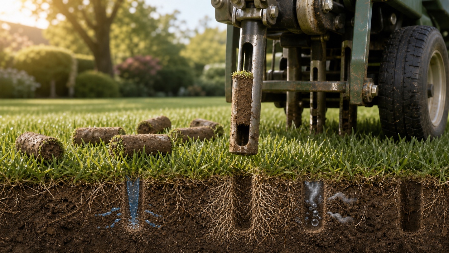 A hollow-tine core aerator lifts cylindrical soil plugs from a lawn. Open channels let water and air enter the root zone, while healthy roots extend into loosened soil. The removed plugs remain on the grass surface.