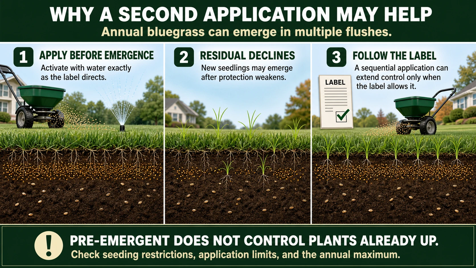 Three-panel infographic titled "Why a second application may help." Panel one, apply before emergence: a spreader applies granules and a sprinkler activates them. Panel two, residual declines: new seedlings emerge as protection weakens. Panel three, follow the label: a checked label sits beside a second spreader pass. A footer reads that pre-emergent does not control plants already up, and to check seeding restrictions, application limits, and the annual maximum.